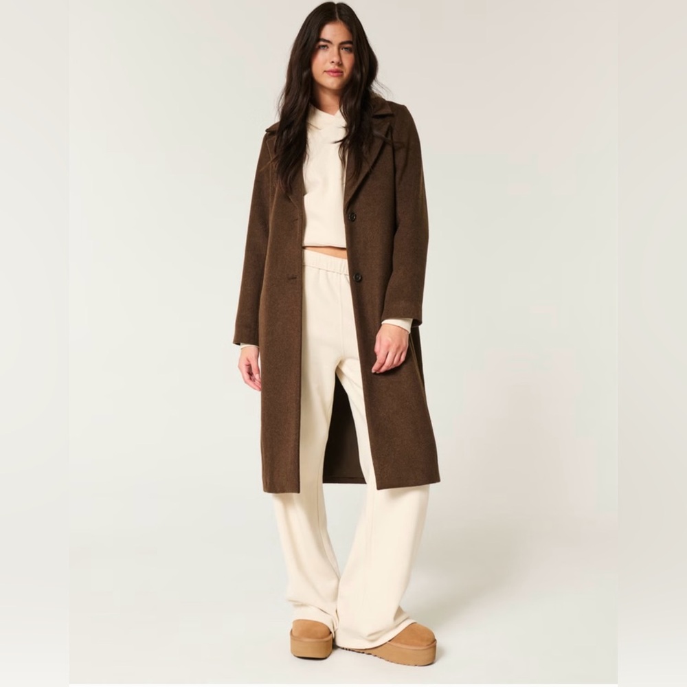 NWT Hollister Wool Blend Longline Button Coat Dark Heather / Chocolate Brown